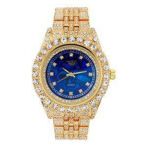 Hip Hop Iced Out Gold Jubiliee Watch w/ Blue Face